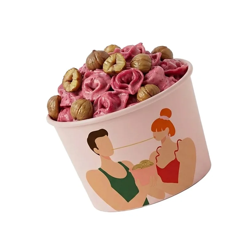 Signature dish, beetroot tortellini with roasted chestnuts in a branded Pasta Nechama cup